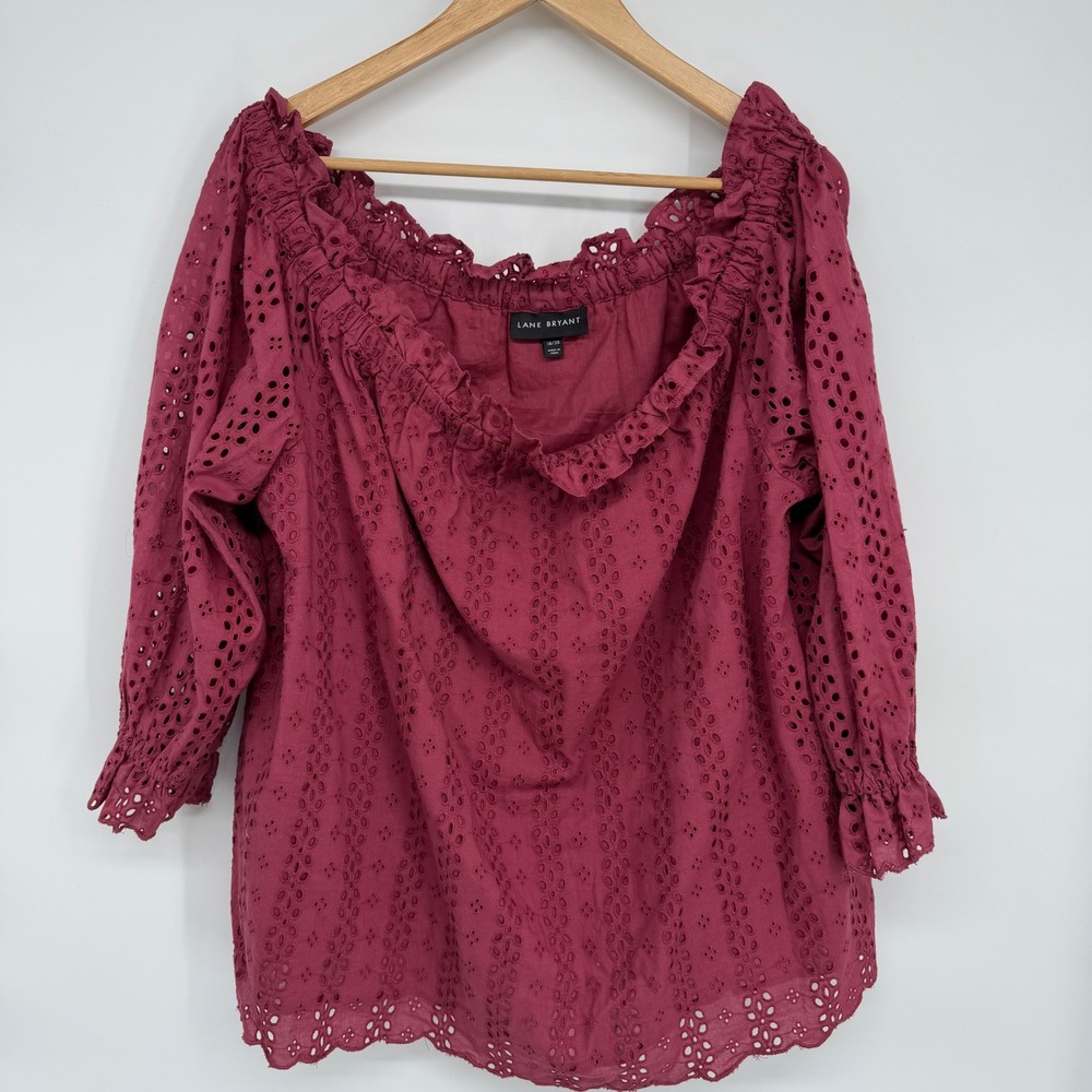 Lane Bryant Peasant Top Eyelet Cotton Off Shoulder Berry Red Festival Fall